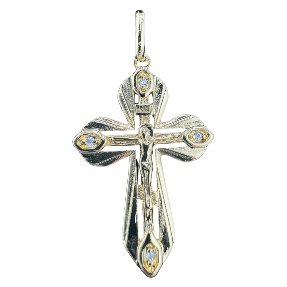Divine Elegance: Orthodox Cross Pendant Plated In 14K Gold Brass Based with Zircon Stone w/o Chain Divine Elegance: Orthodox Cross Pendant Plated In 14K Gold Brass Based with Zircon Stone w/o Chain